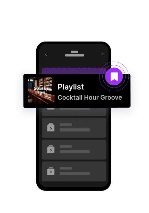 Mobile app interface showing a playlist titled "Curated Sound Themes" with options listed below.