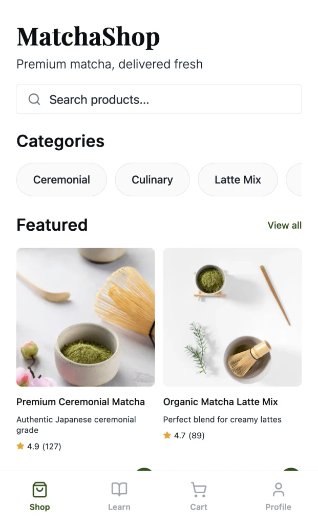 A preview image of the "Matcha Shop" sample app that's built using CatDoes