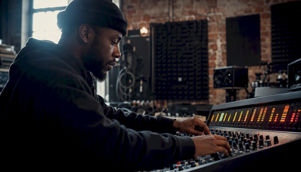 Hands adjusting gain knobs on mixing console