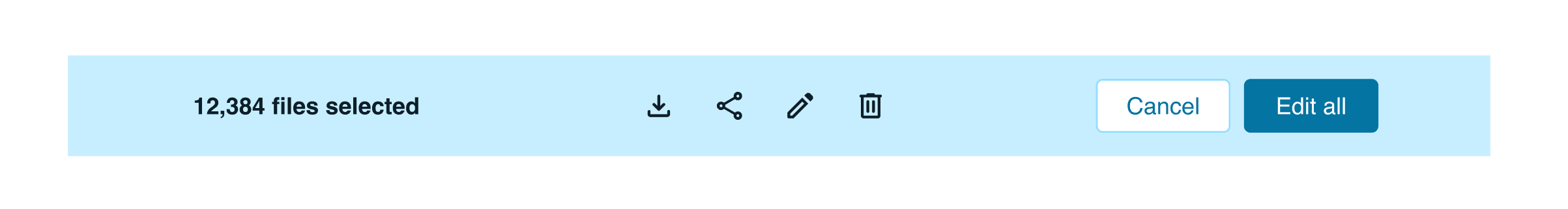 old batch action bar component, with dark text on light blue background