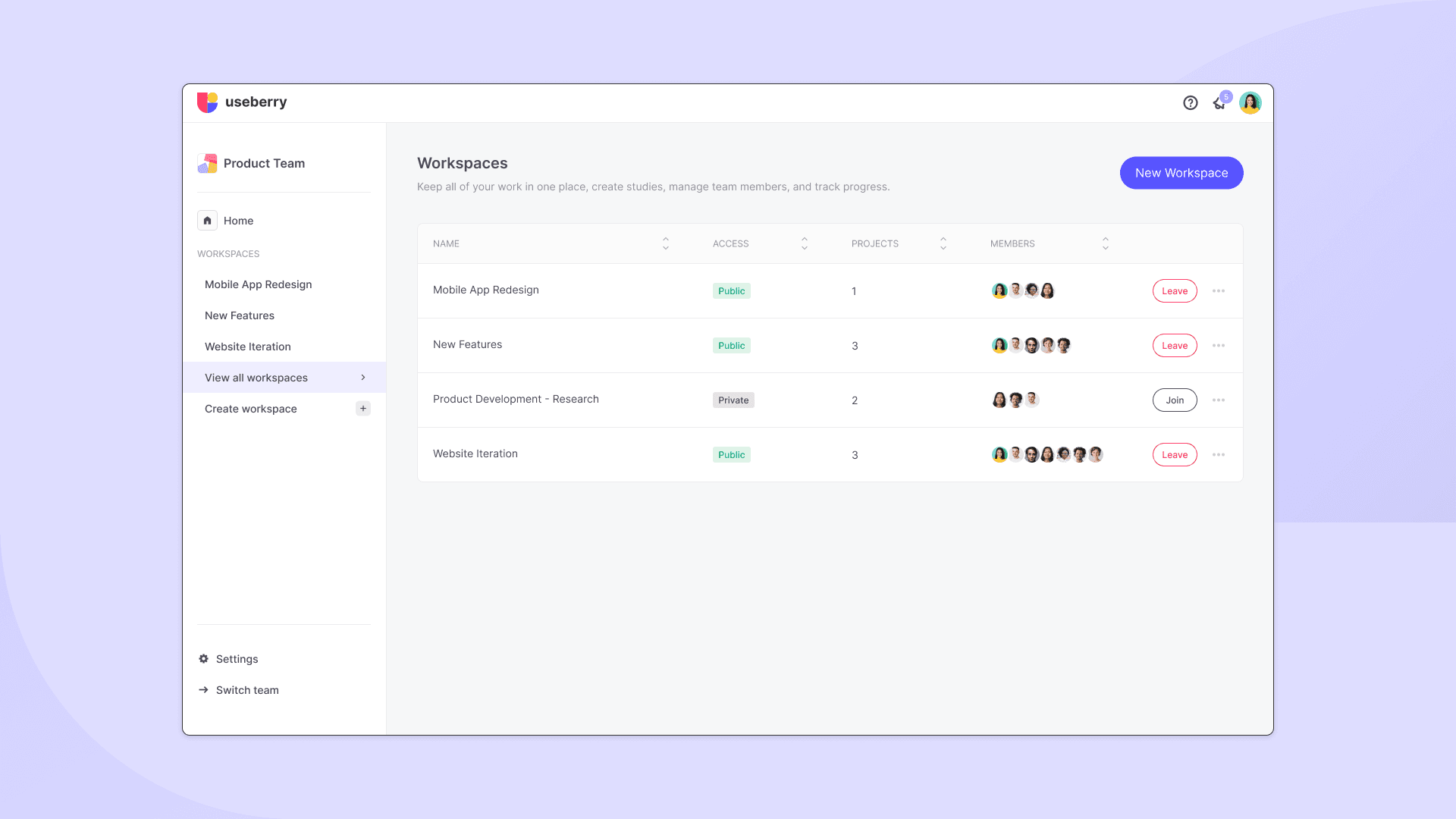 UX research workspaces in Useberry platform