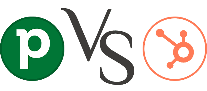 Logo de Pipedrive avec le logo d'HubSpot et le sigle "VS" au milieu pour illustrer la comparaison entre les deux logiciels.