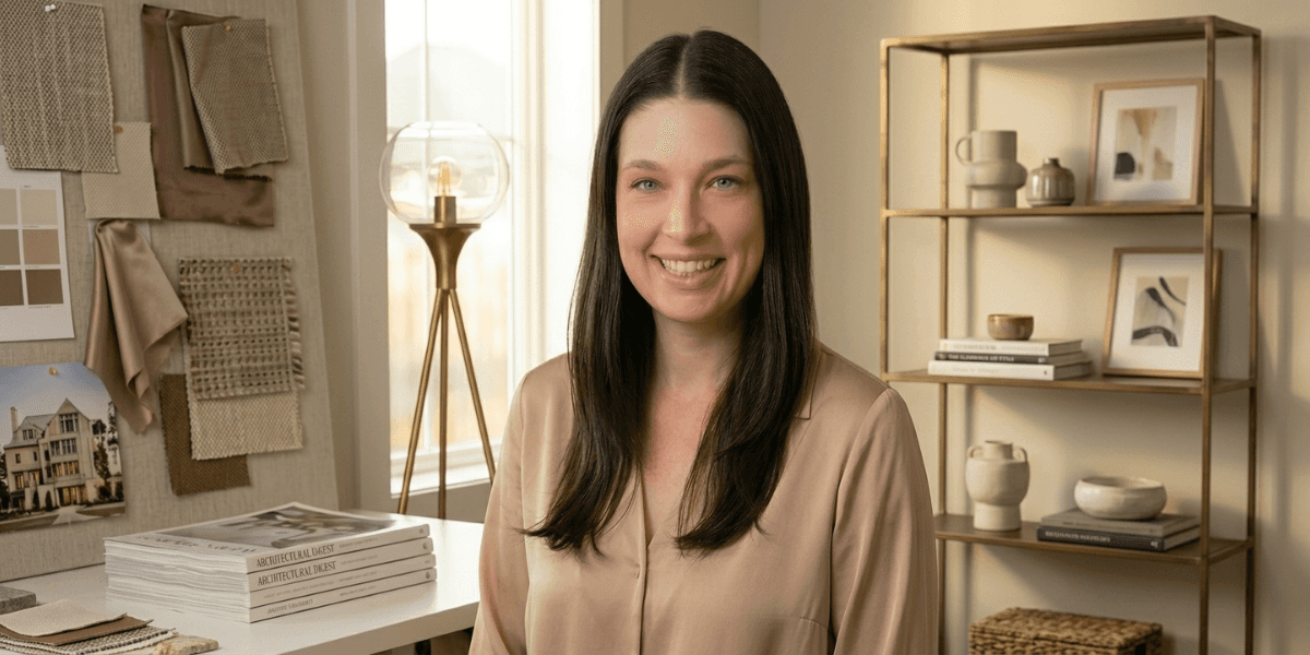 Professional woman smiling in a modern interior design studio with fabric samples and décor displays.