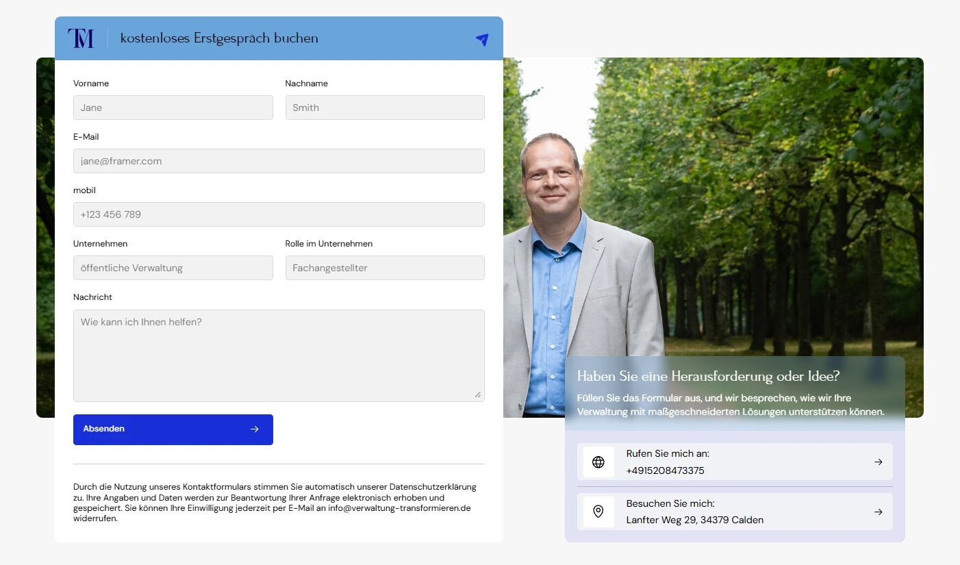 Screenshot: Kontaktbereich der Website von Timo M. – Formular „kostenloses Erstgespräch buchen“ mit Feldern für Name, E-Mail, Mobilnummer, Unternehmen und Rolle, daneben ein Porträtfoto sowie Telefonnummer und Adresse in Calden