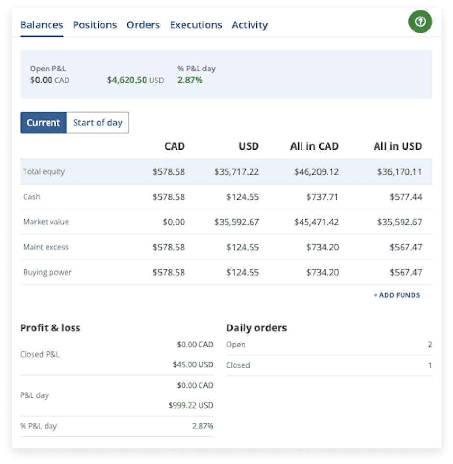 The existing account balances table on the web platform, before the redesign