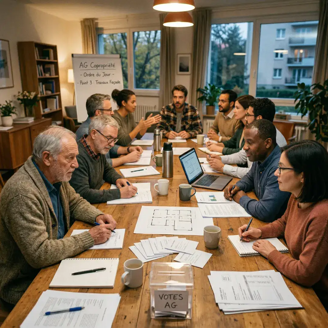 Assemblée générale de copropriété : groupe réuni autour d'une table avec plans, urne de vote et documents.