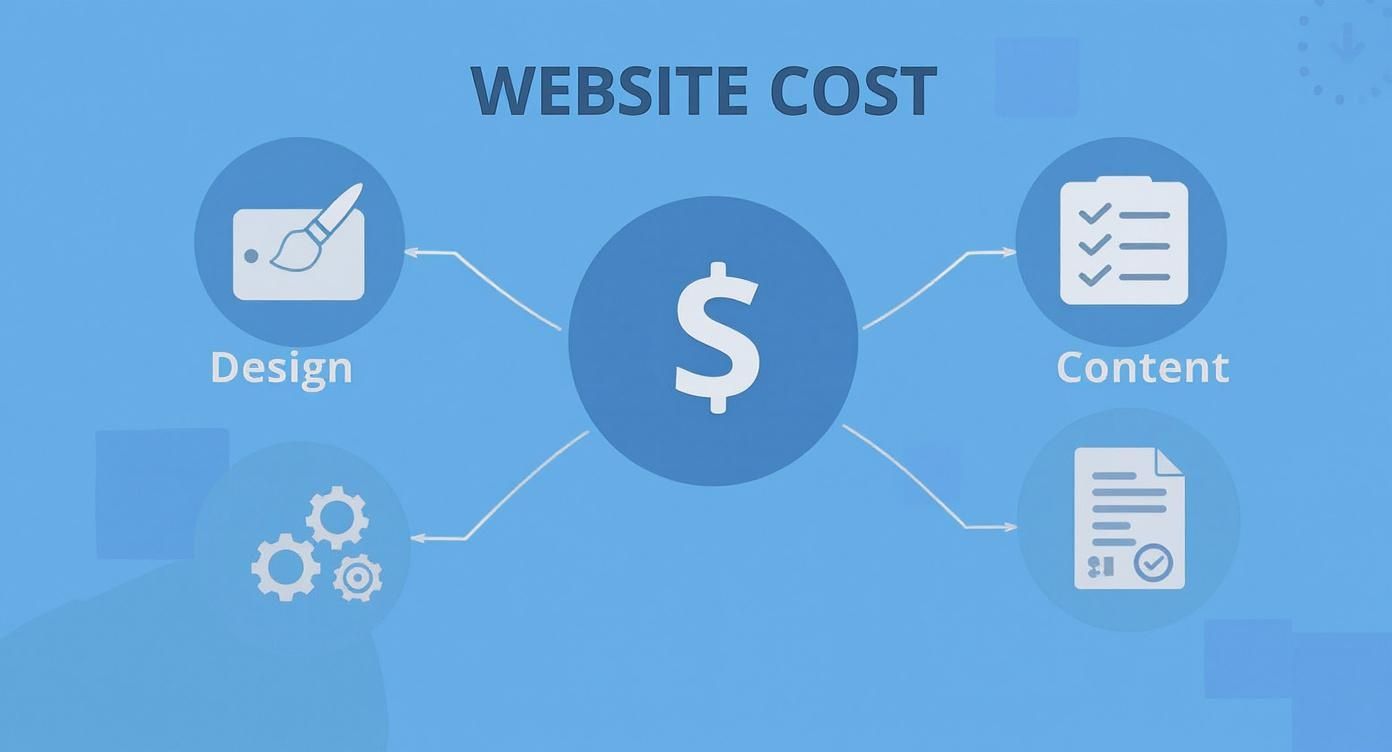Website cost infographic showing design, content, and development components connected to central dollar sign symbol