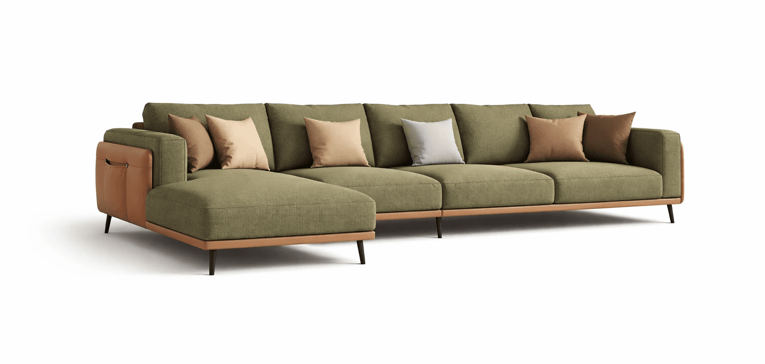 Soft green upholstered sofa with extended chaise and clean modern lines