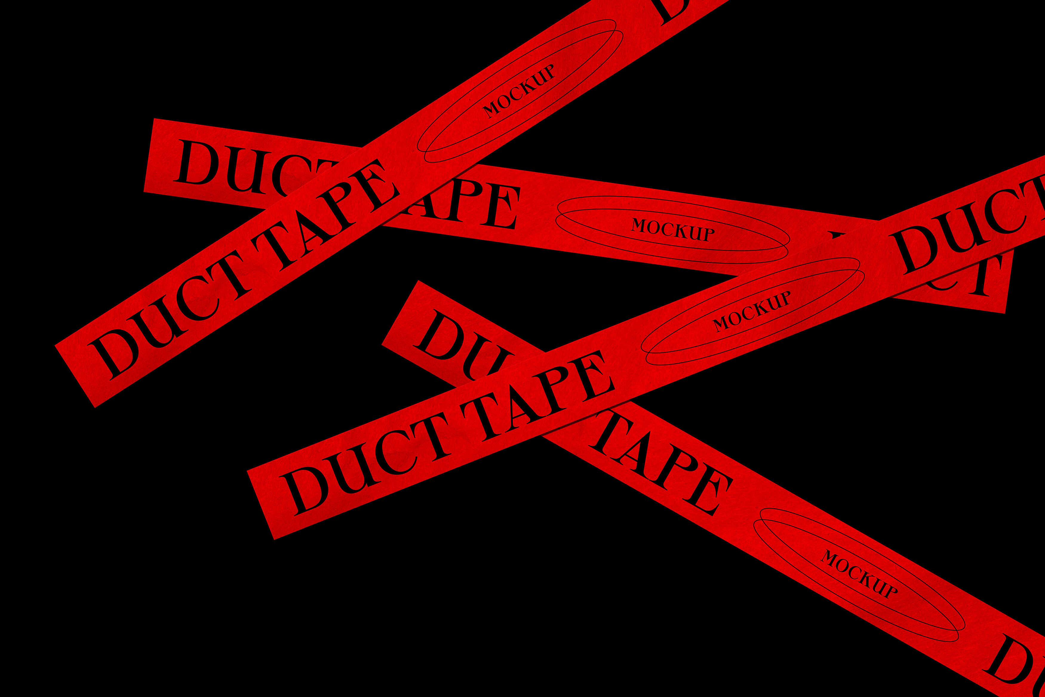 Red duct tape strips with black text scattered on black background