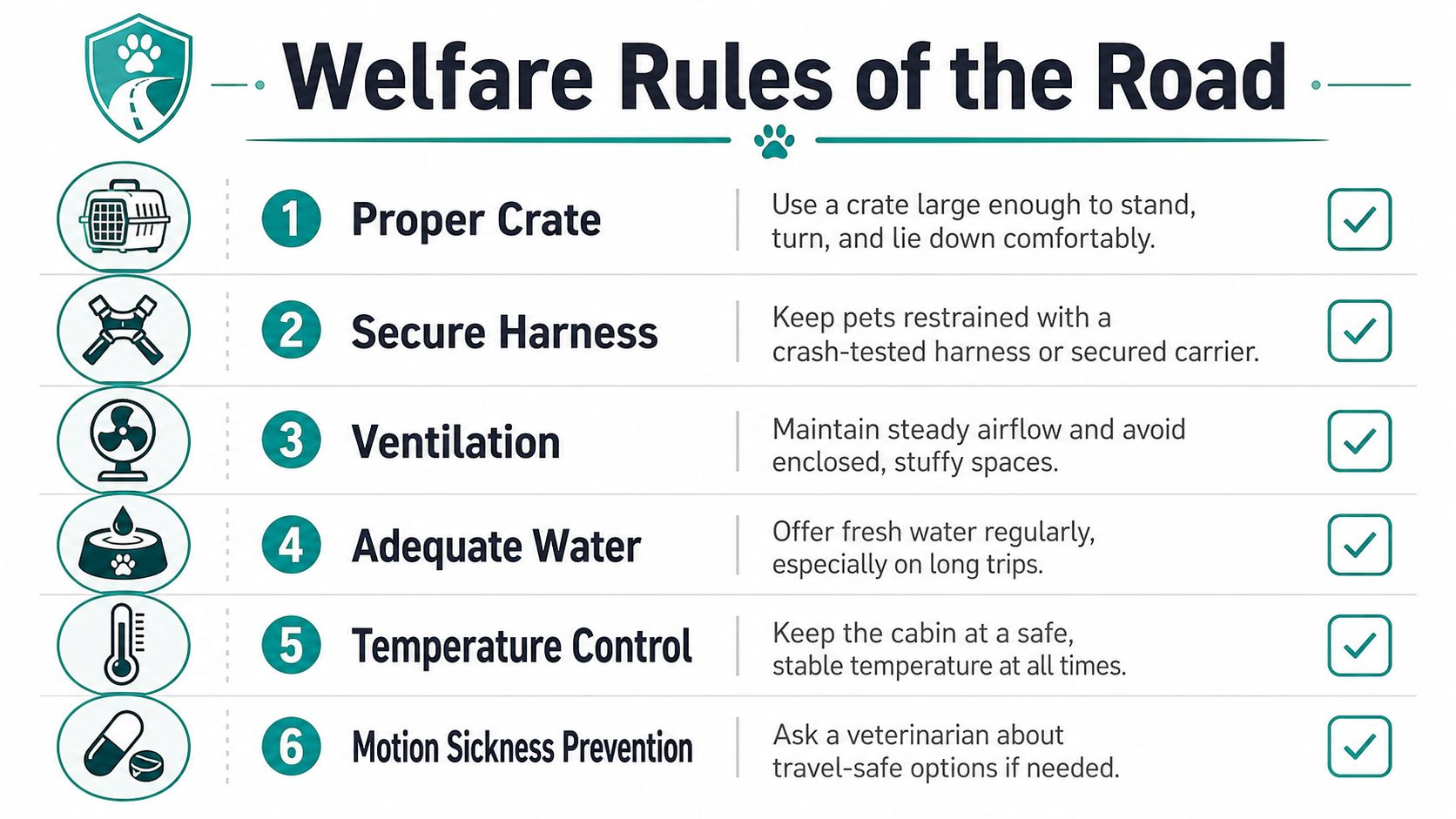 An infographic titled Welfare Rules of the Road, listing six essential safety tips for traveling with pets.