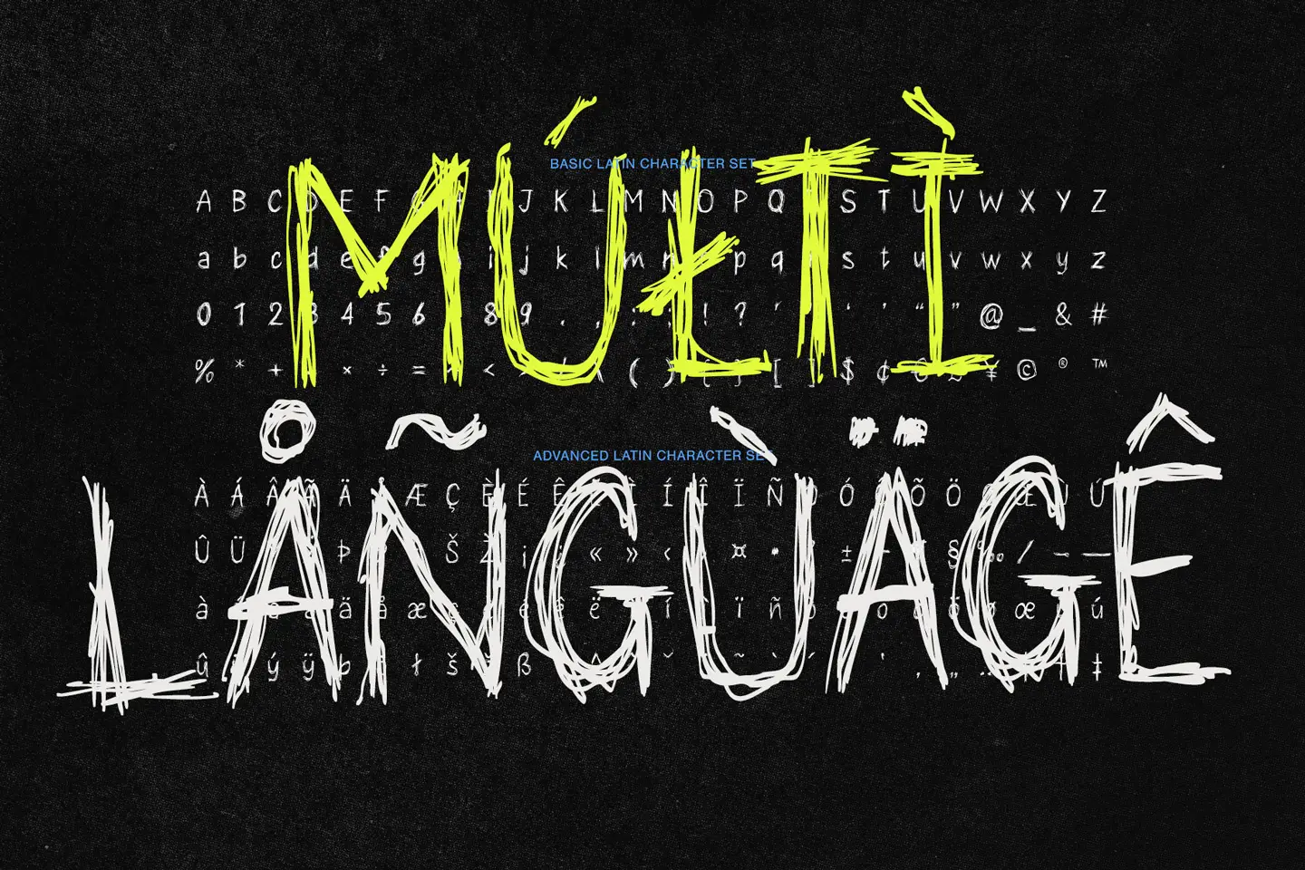 Showcase of the Scrawlpunk scribbles font featuring basic and advanced Latin characters with multilingual support