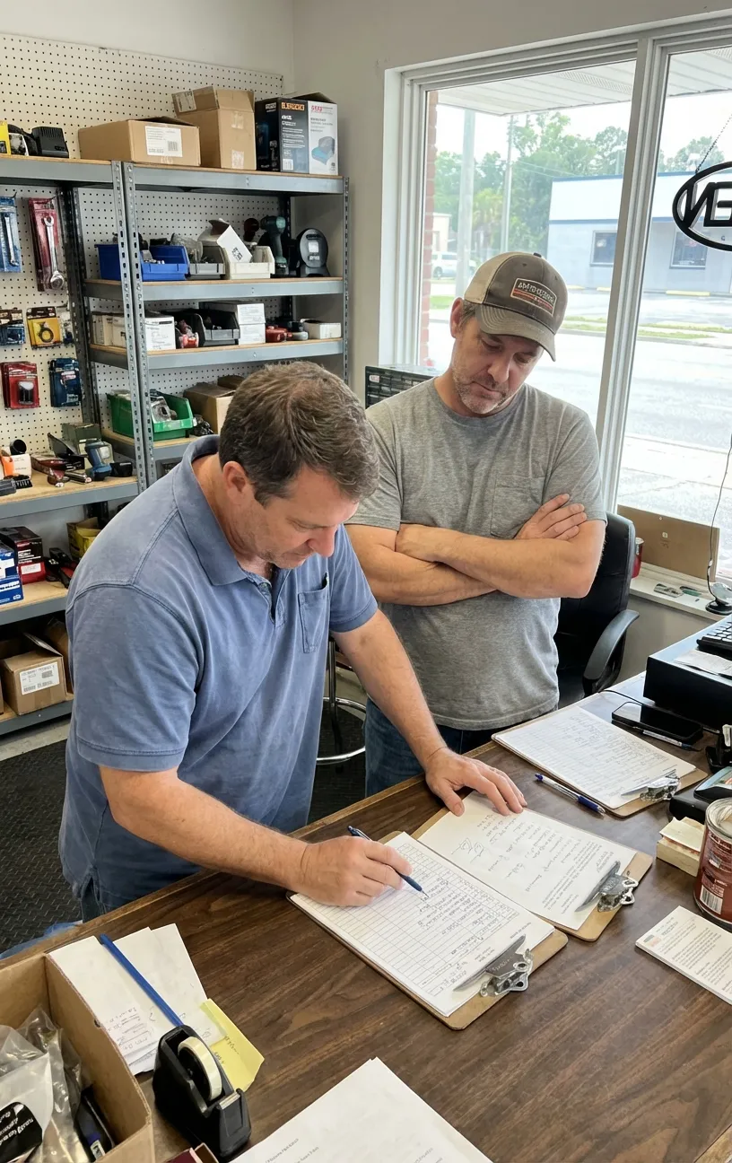 Two men collaborate at a desk in a digital marketing agency. RockN' Socials.