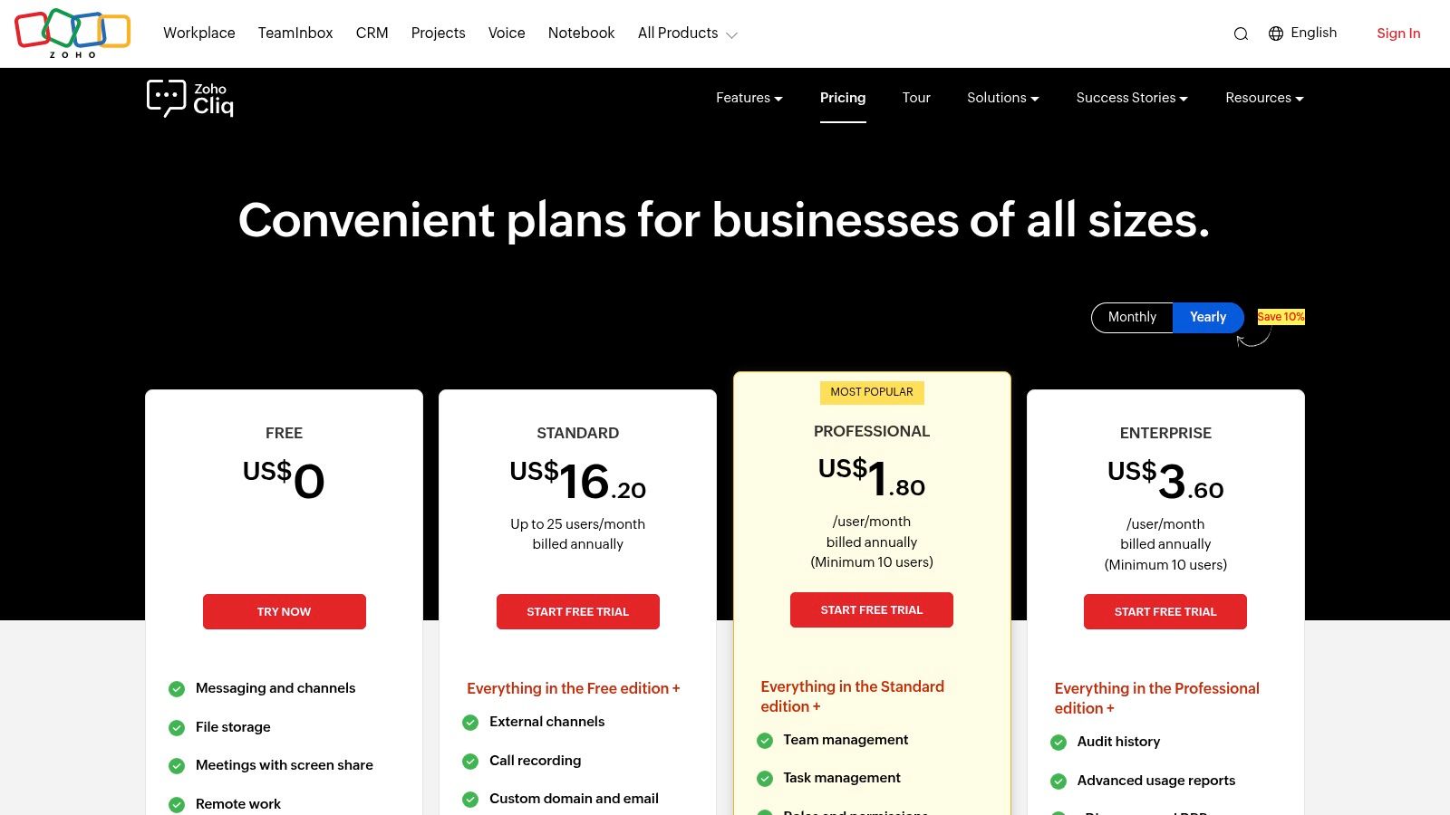 Zoho Cliq pricing plans showing Free, Premium, and Zoho One tiers