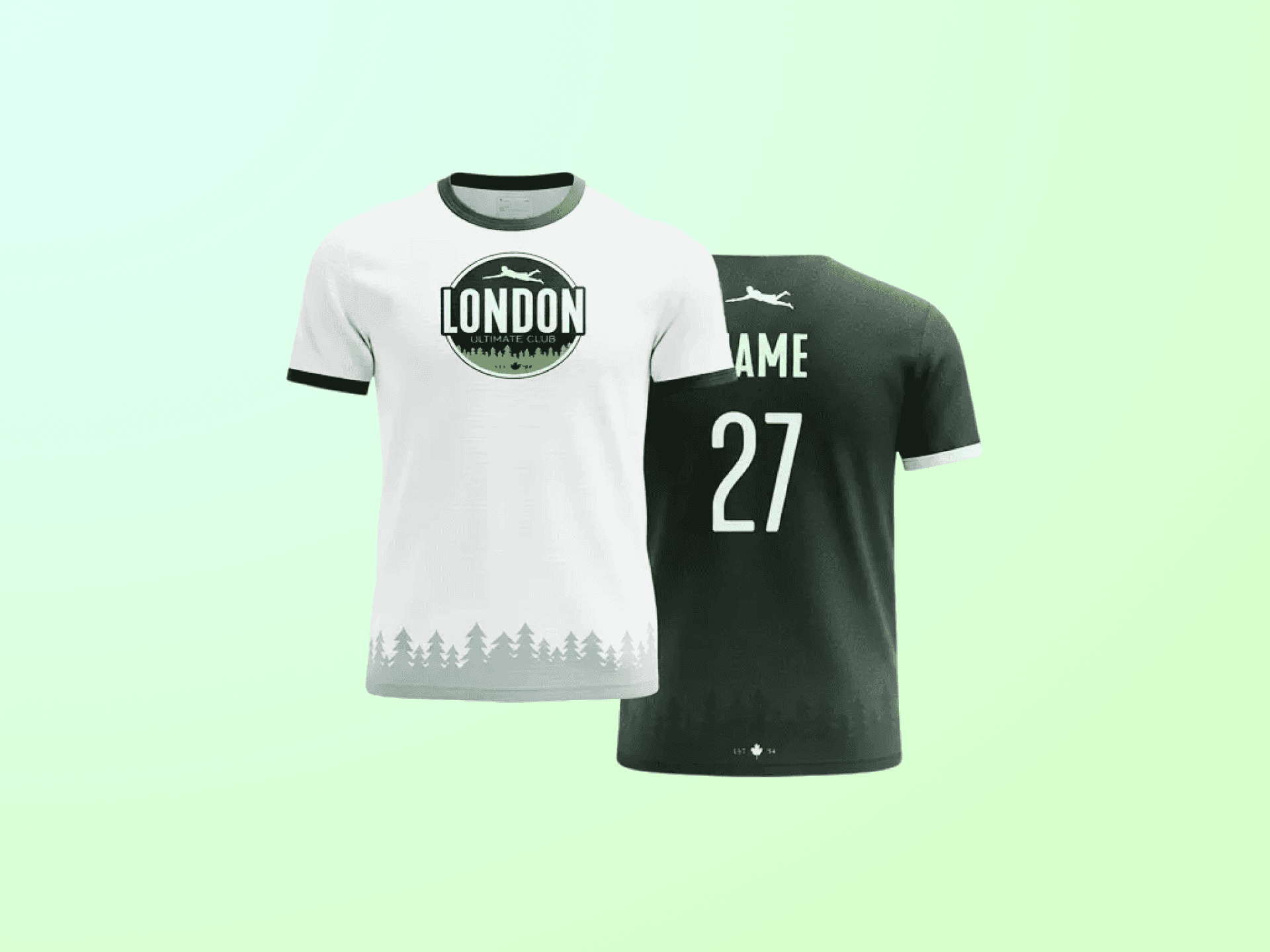 Light and dark team jerseys with forest-line graphic and player name and number.