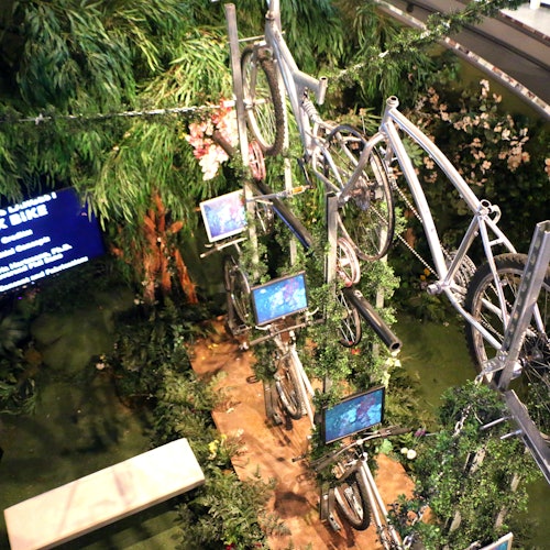 תצוגה אנכית של אופניים המקושטות בעלים ירוקים ומסכים קטנים בתוך סביבה עשירה בצמחייה.