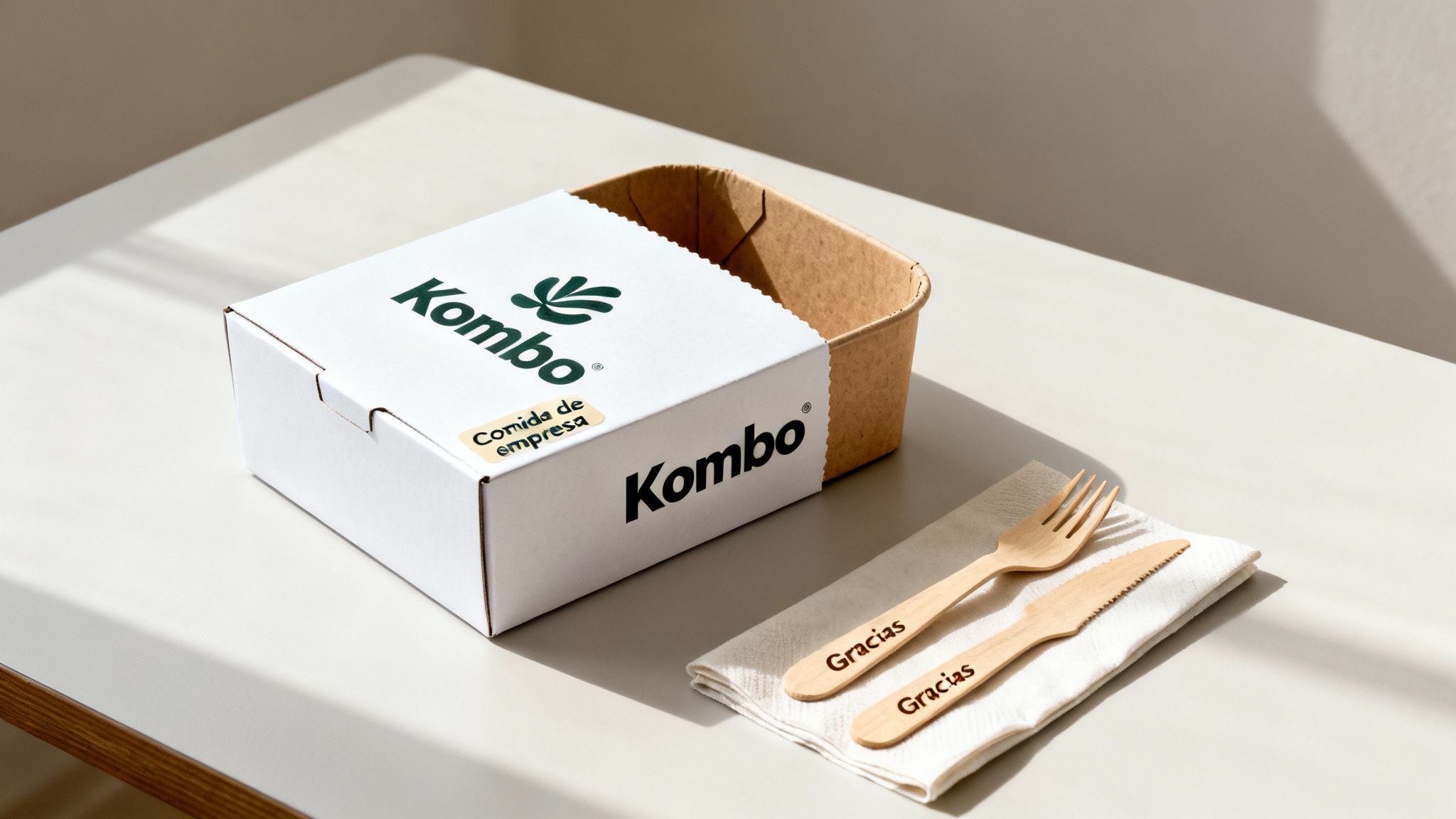 Caja blanca de Kombo con recipiente marrón y cubiertos de madera personalizados sobre una mesa blanca.
