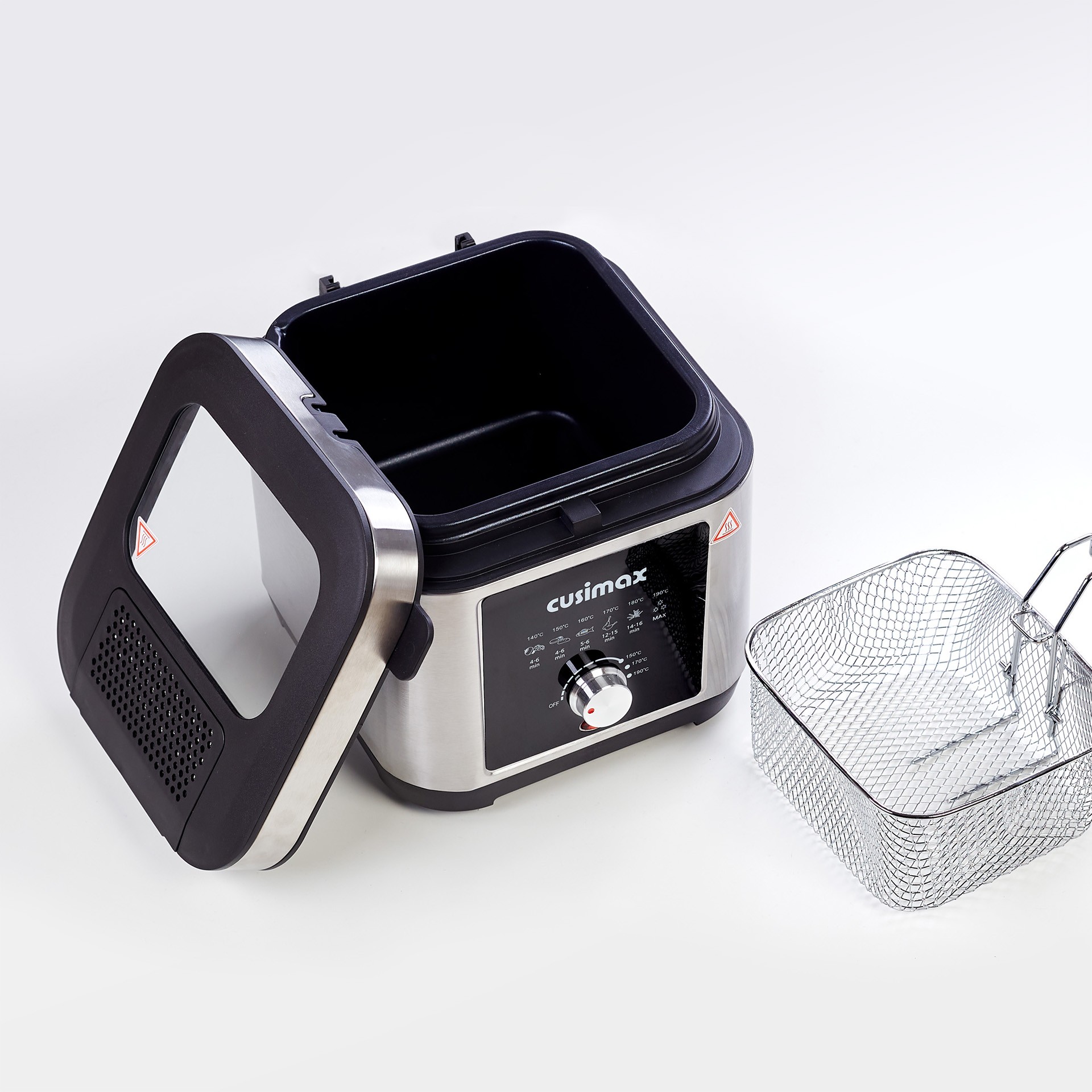 The image shows a stainless steel deep fryer Cusimax with a removable lid and a mesh basket, featuring a control knob on the front panel, perfect for home kitchen use.