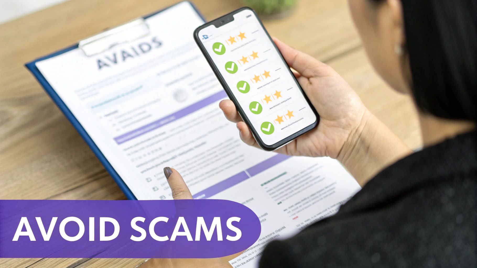 Person compares phone app reviews and a document, highlighting scam prevention measures.