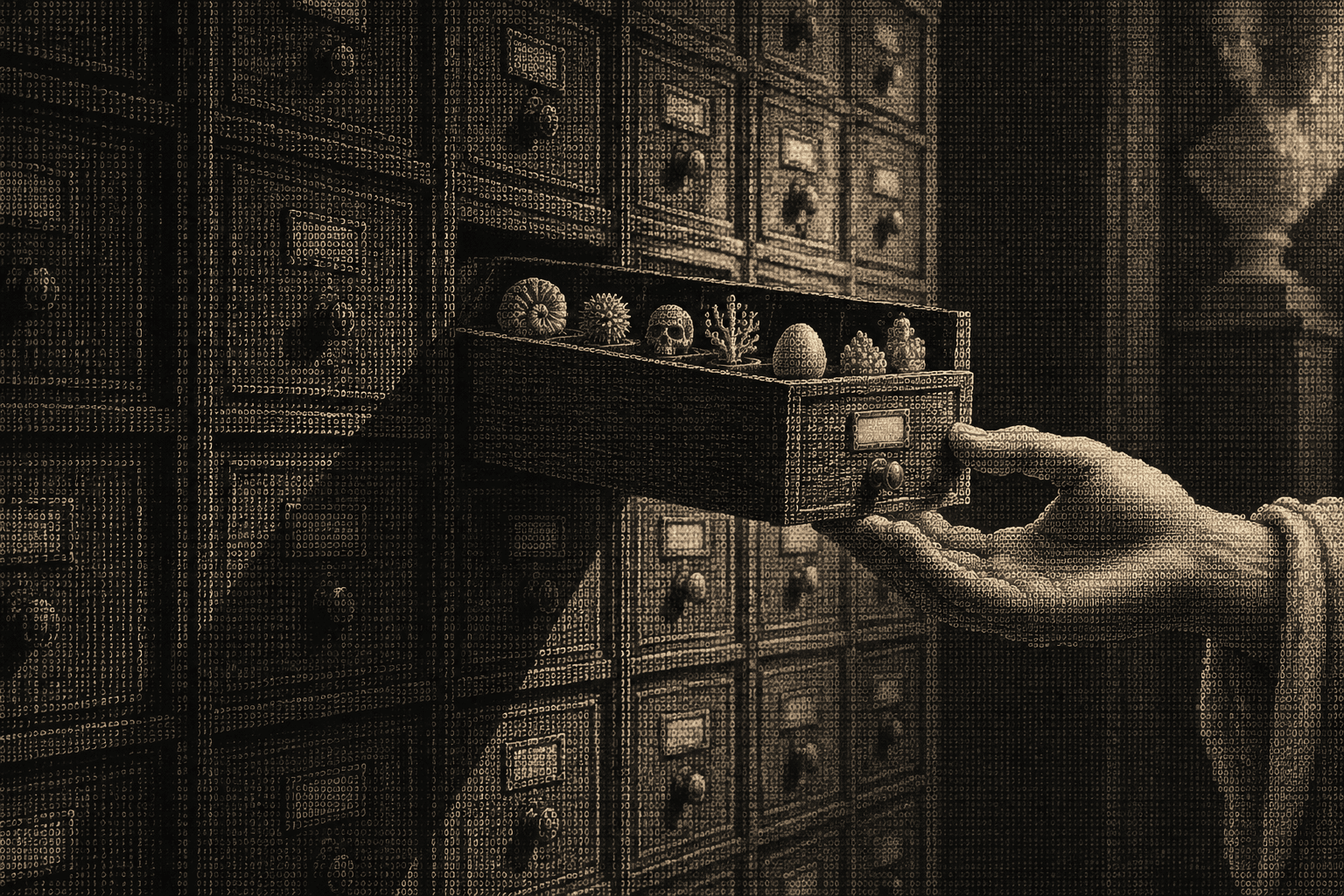 A marble hand sliding one drawer out of a tall cabinet of curiosities, the drawer's small label plate lit in yellow