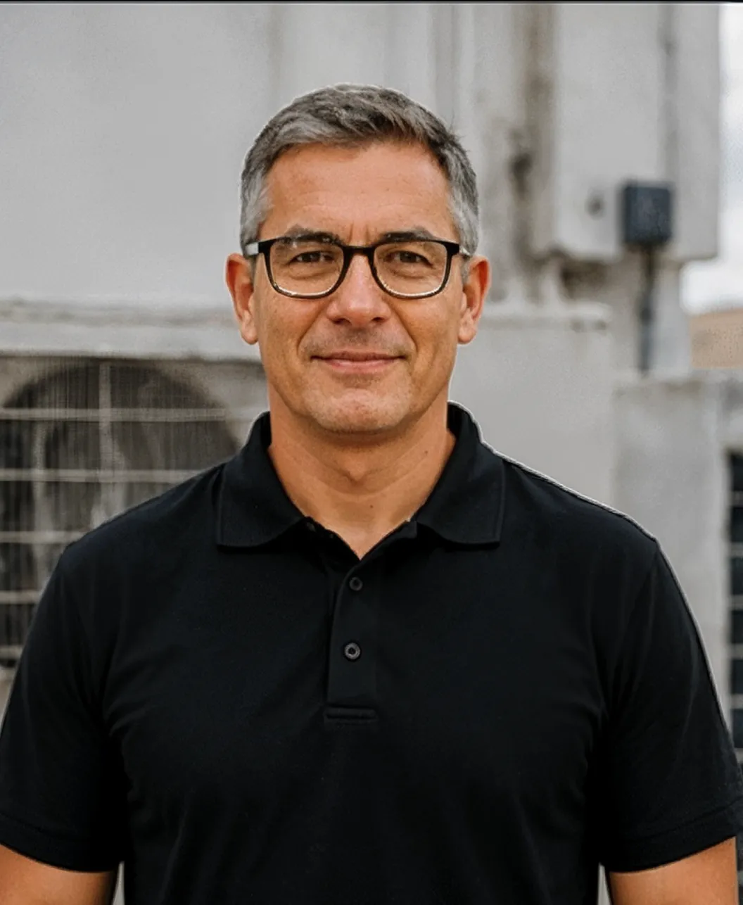 Mature male HVAC service technician with glasses wearing a black polo shirt in an industrial setting.