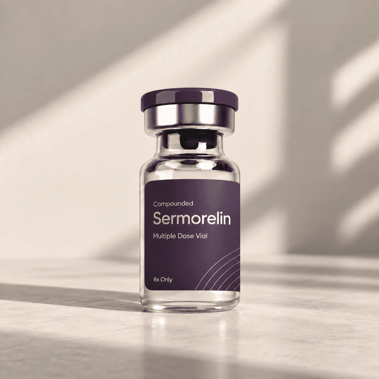 Vial labelled Compounded Sermorelin, Multiple Dose Vial, Rx Only, in soft window light