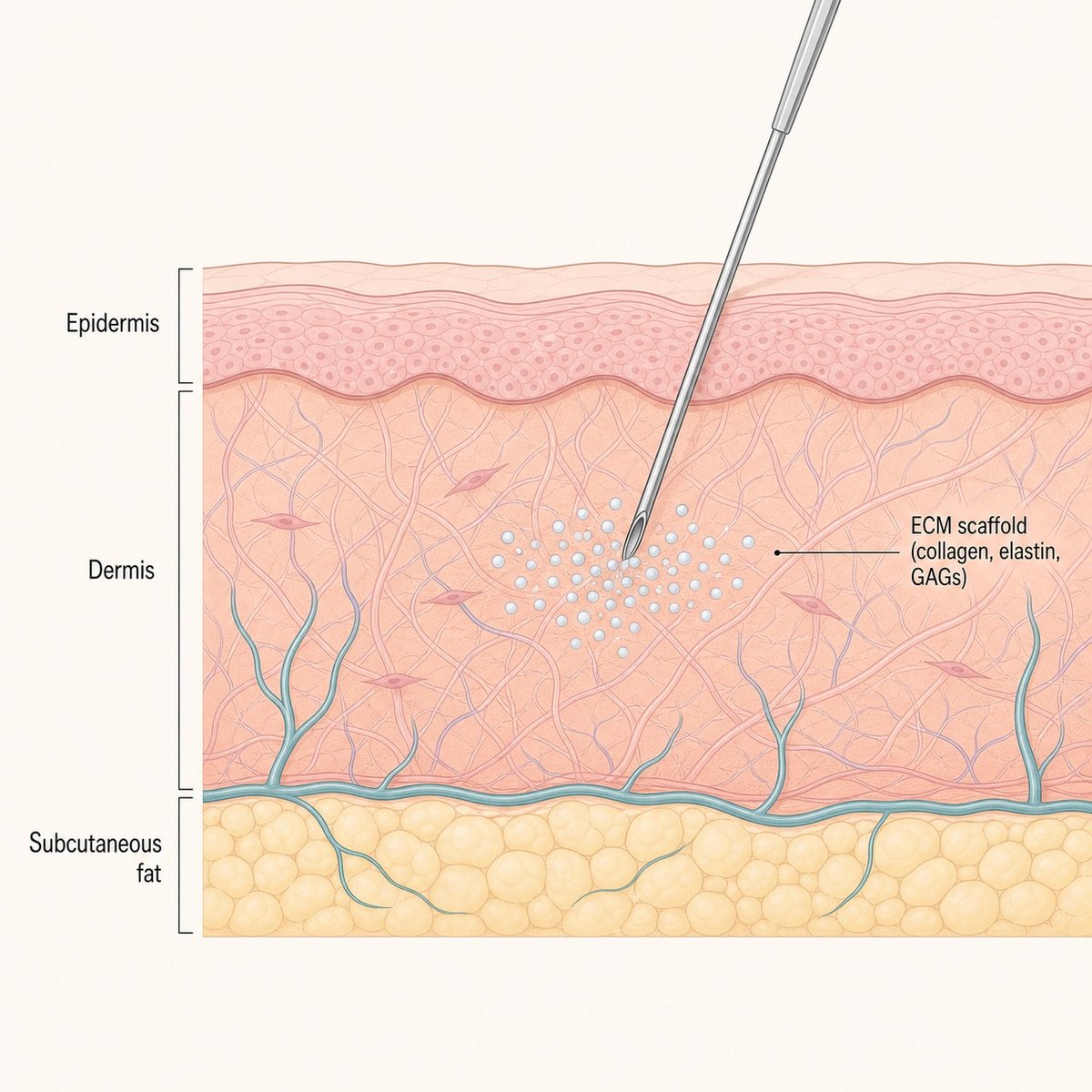 Skin cross-section showing acellular dermal matrix particles placed in the dermis alongside the existing collagen and elastin scaffold