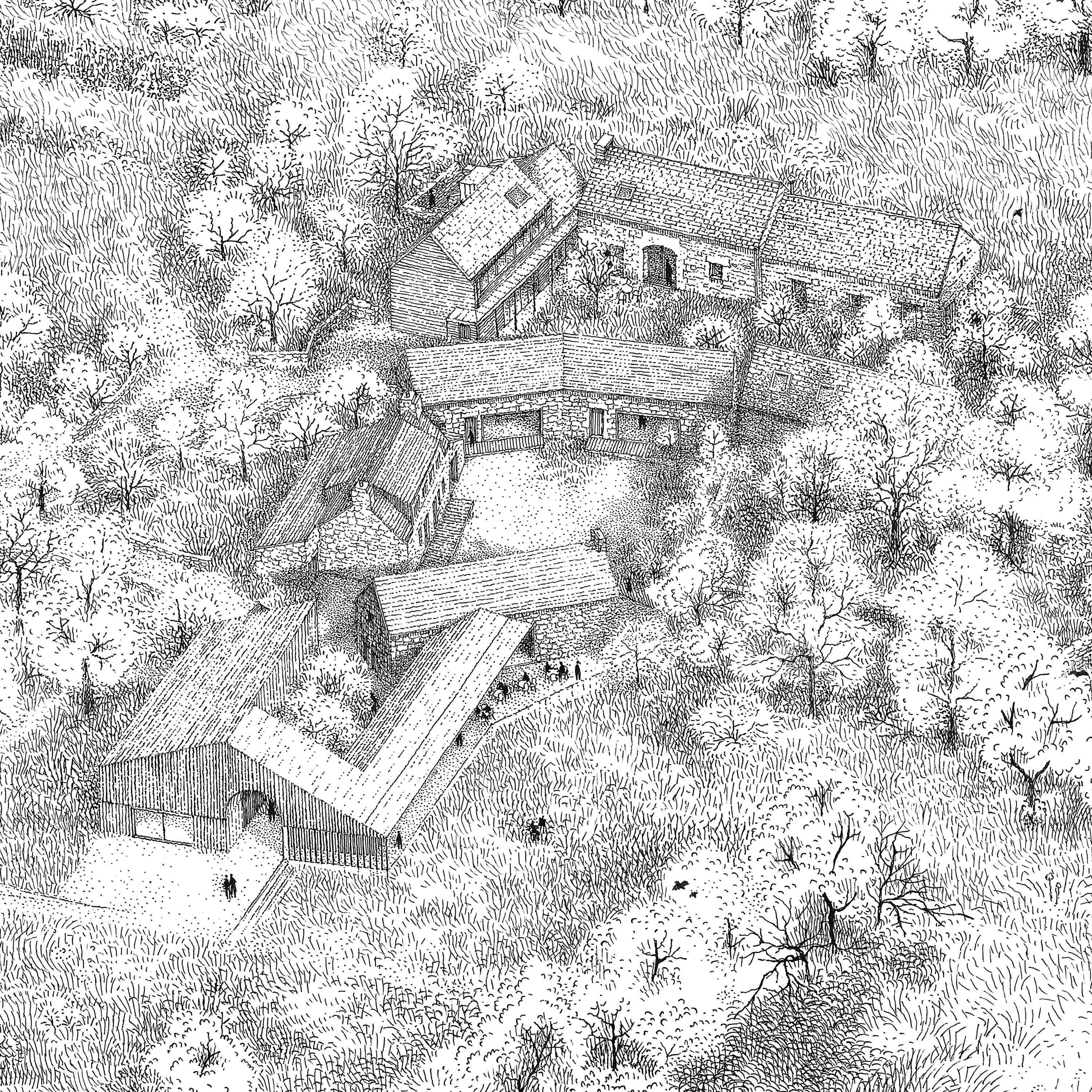 A detailed black and white illustration of interconnected shapes and patterns resembling flowers and abstract designs.