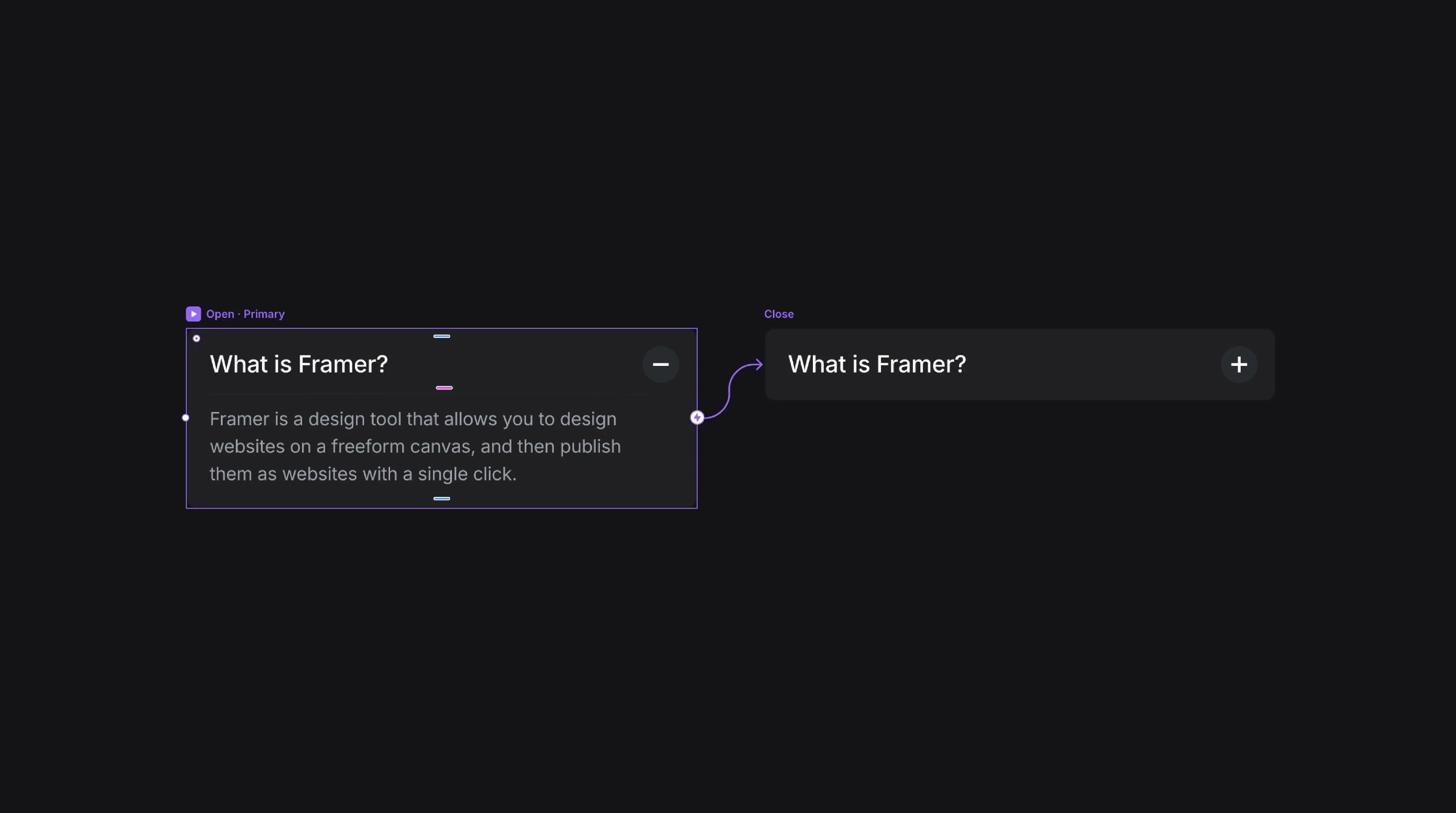 Framer interface showing expandable FAQ question component in dark mode