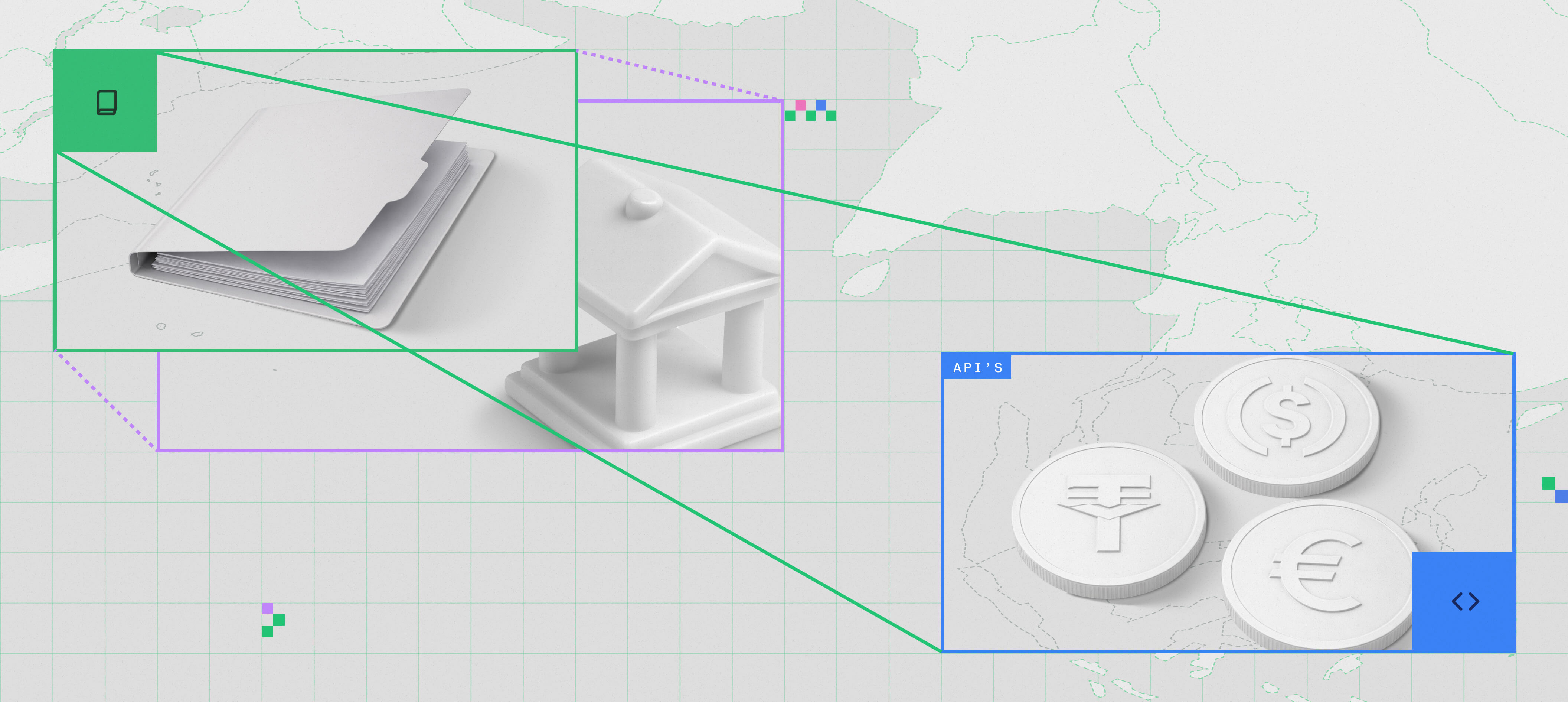 Stylized image showing the evolution of the banking system going from ledgers to APIs and stablecoins. 