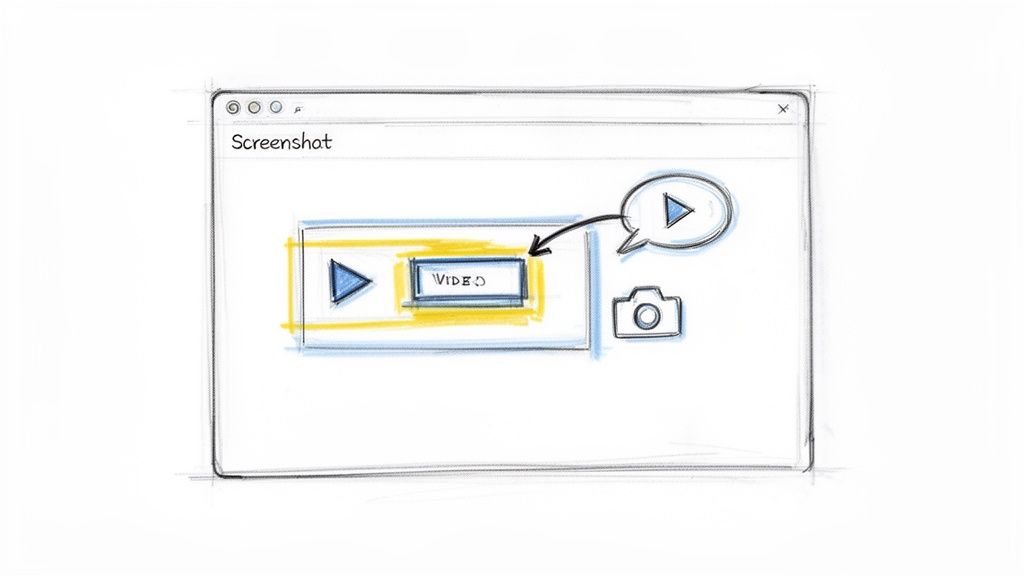 Hand-drawn UI sketch of a screenshot tool, highlighting video play buttons and a camera icon.