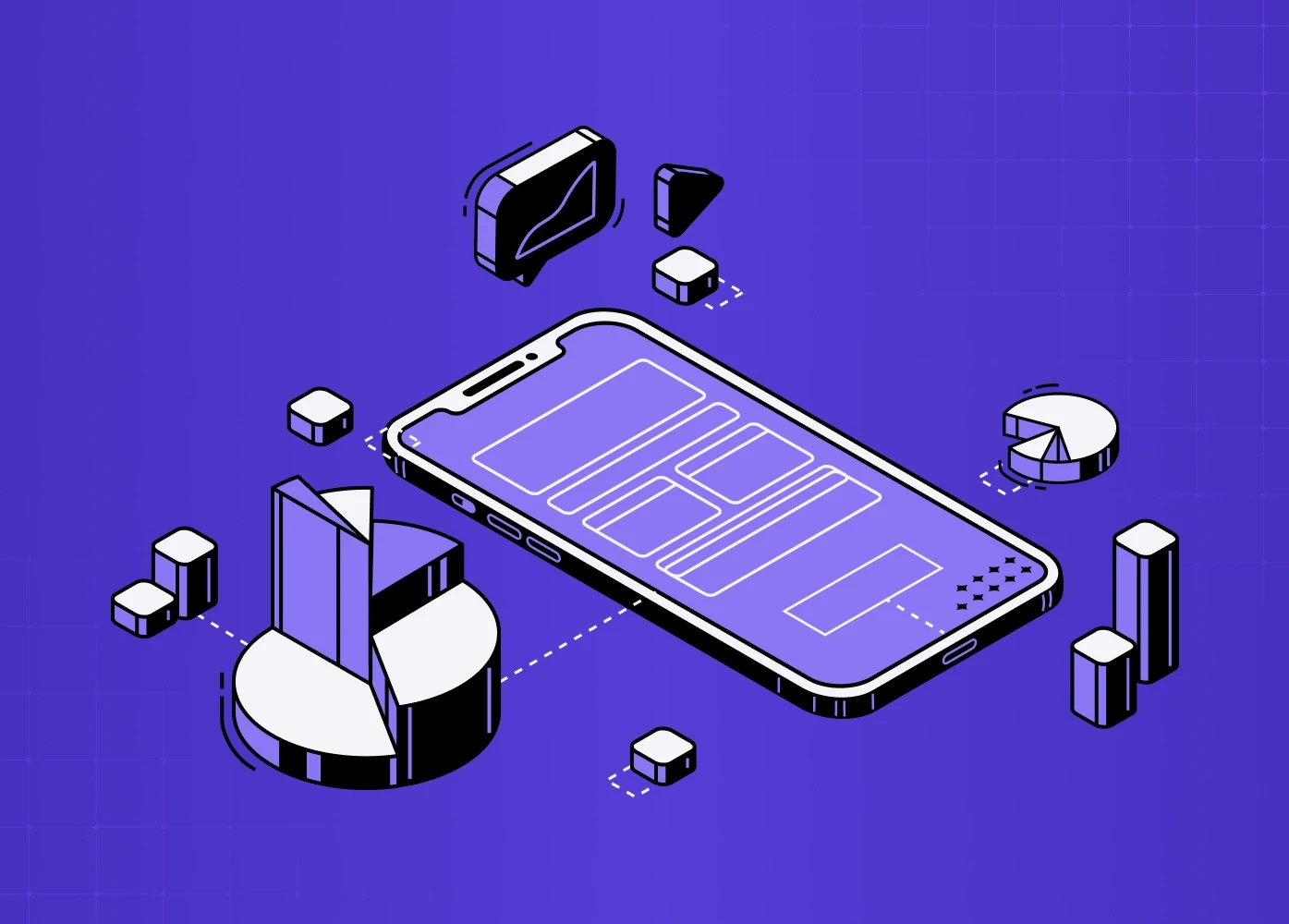 Isometric illustration of a smartphone UI surrounded by abstract 3D shapes, representing digital product design and interface systems.