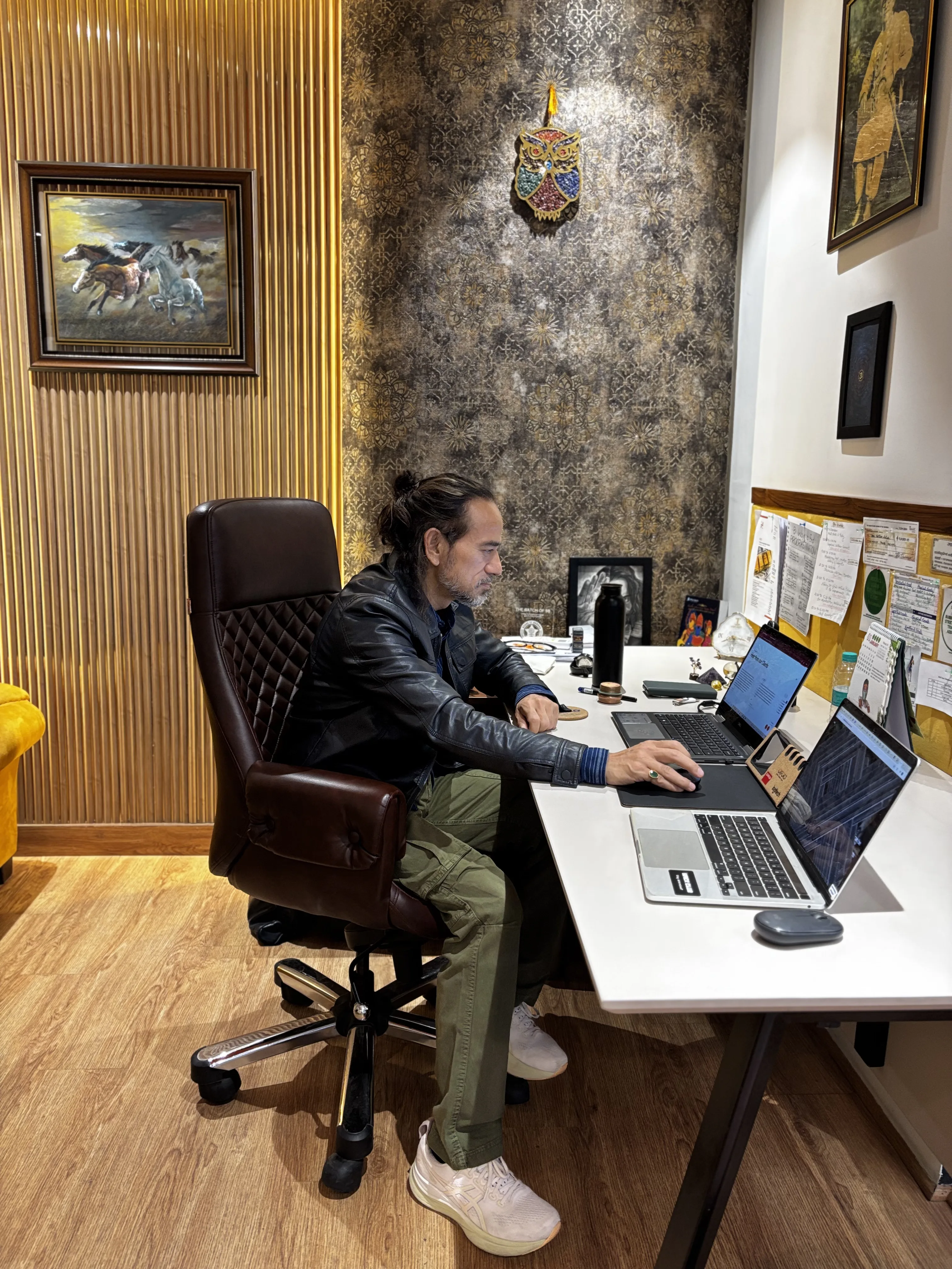 woman in black button up shirt standing under starry night