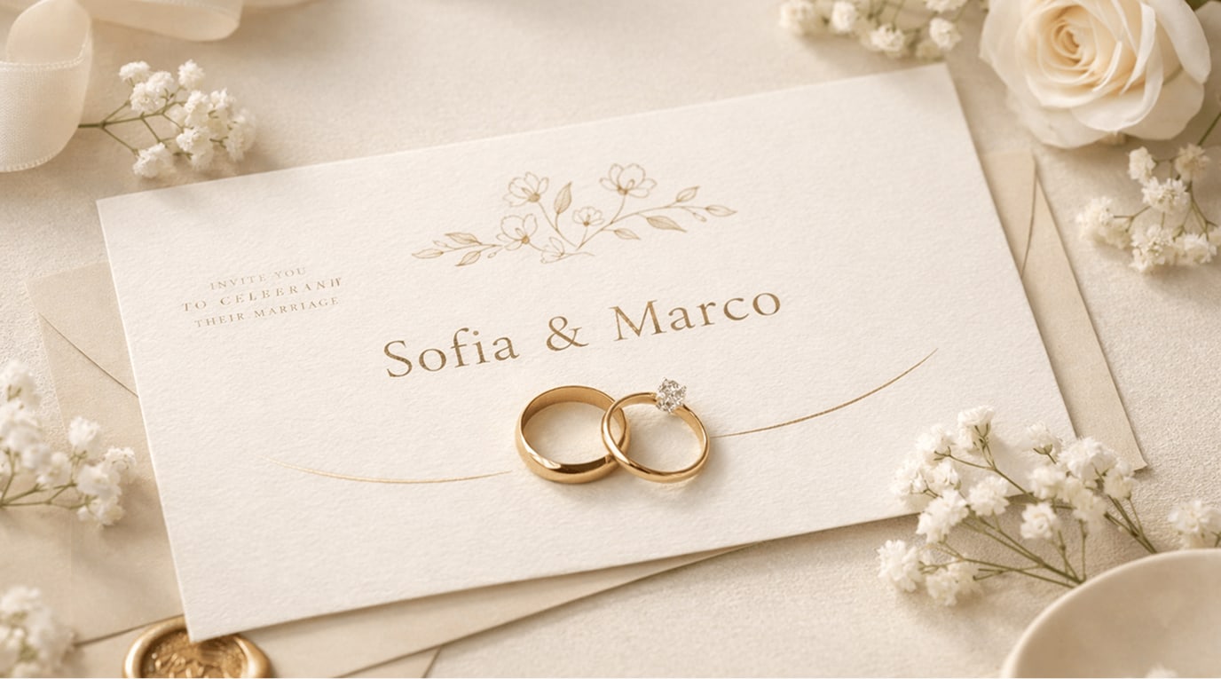 Invito di matrimonio elegante con fedi appoggiate sopra e dettagli floreali delicati, rappresentazione di un’esperienza digitale raffinata dove gli invitati possono accedere e condividere i contenuti dell’evento tramite togevent.