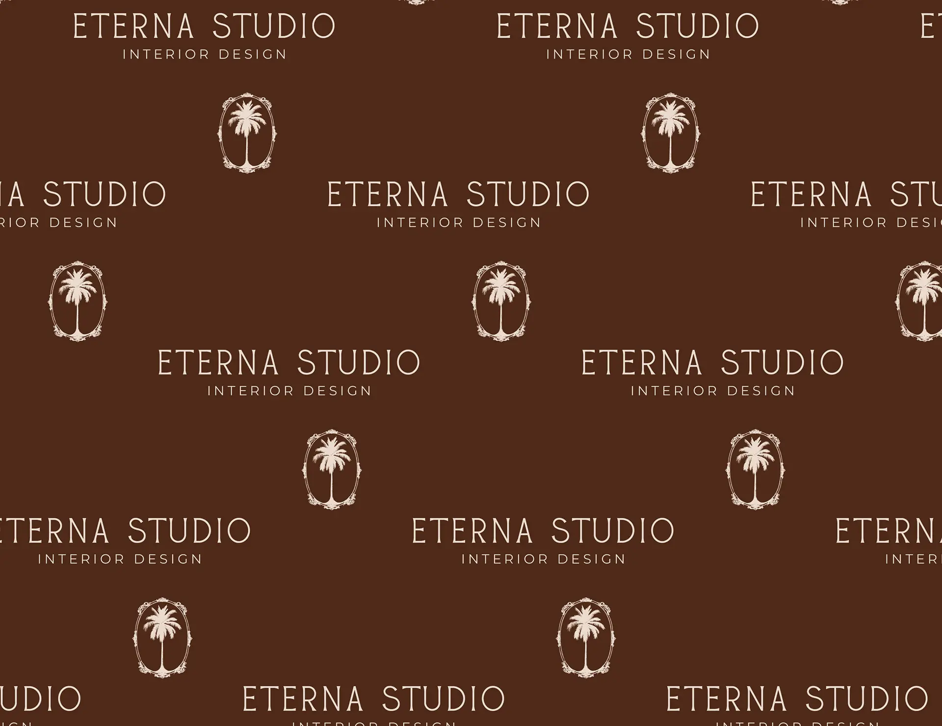 Brand pattern design for Eterna Studio interior design showing seamless logo repeat across brand collateral