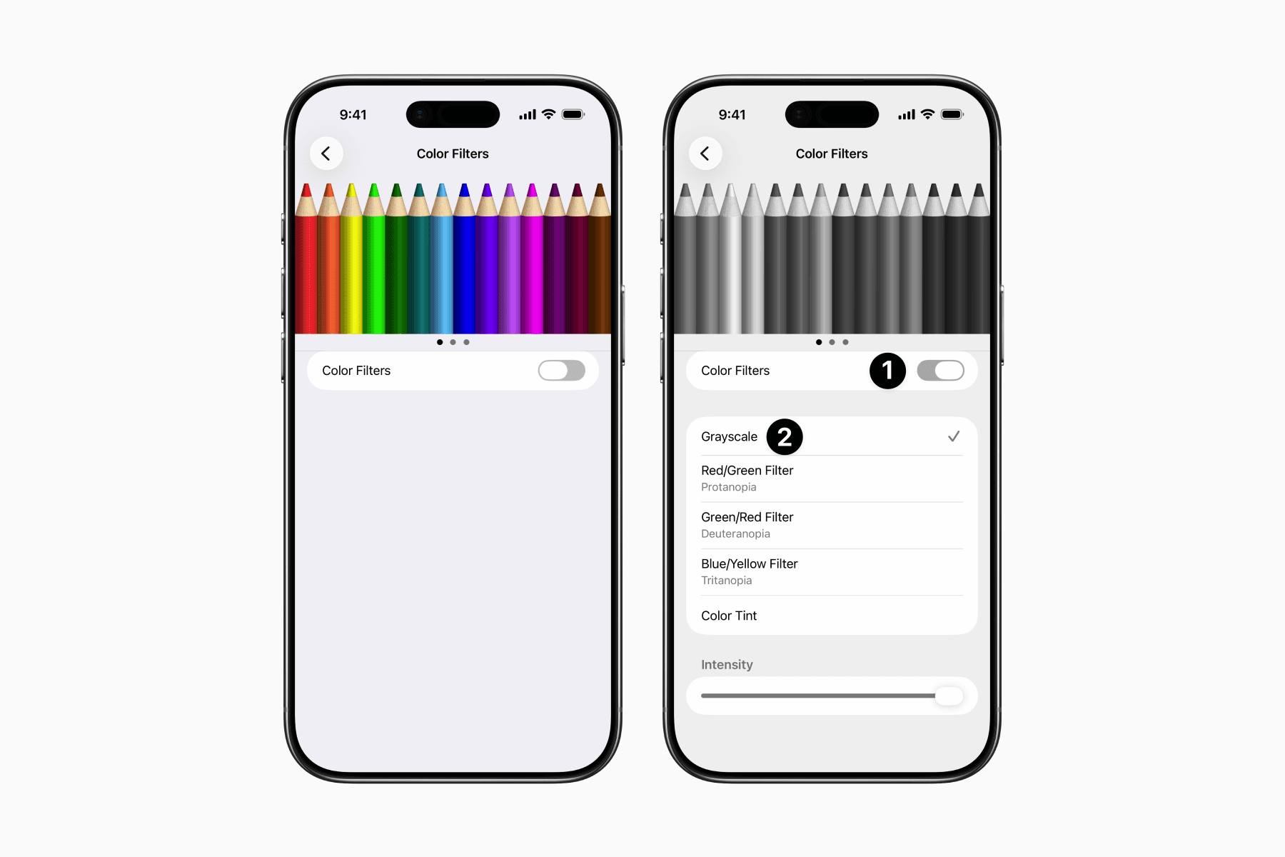 Before and after enabling the grayscale color filter on the iPhone