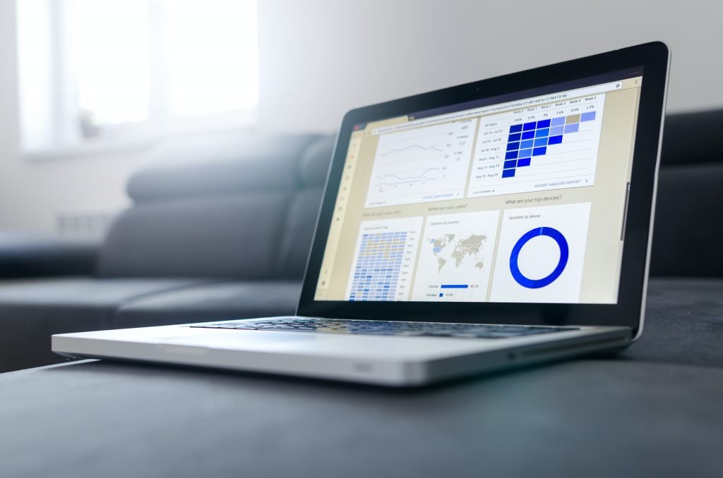 Laptop showing an analytics dashboard with charts, for measuring user experience