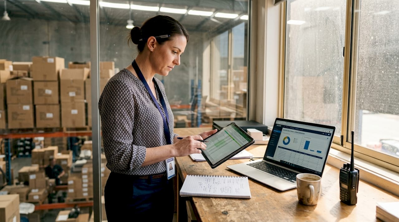 Warehouse manager checks inventory sync accuracy