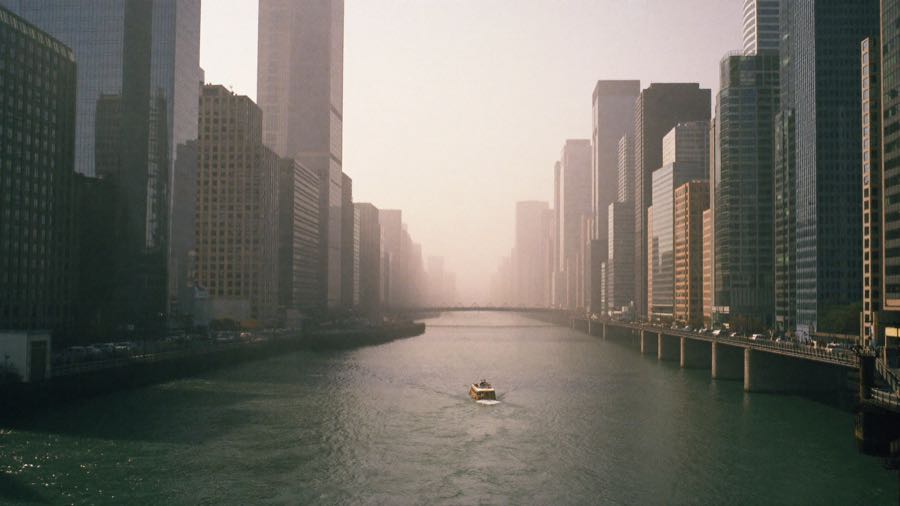 Chicago River corridor with office towers, TERAMOK commercial real estate marketing