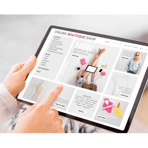 Tablet showing an online boutique shop homepage.