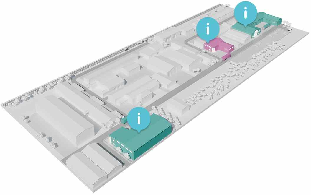 3D site map showing Trovex manufacturing operations in Norfolk, highlighting Hygidoor, Washroom, and Hygipod production units.