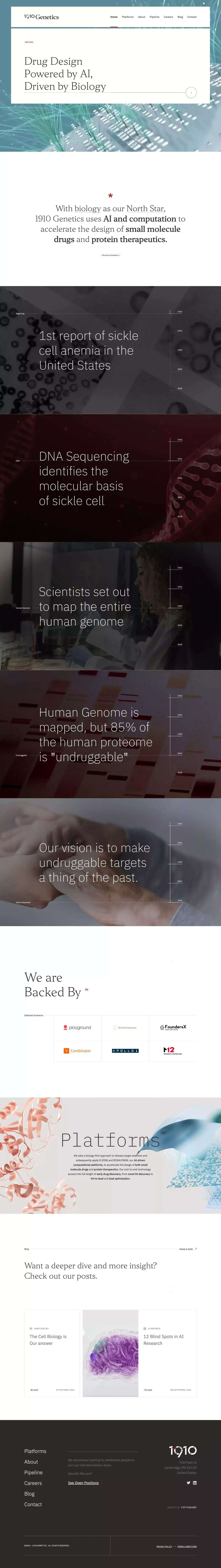 1910 Genetics landing page screenshot showcasing Medical and Tech design