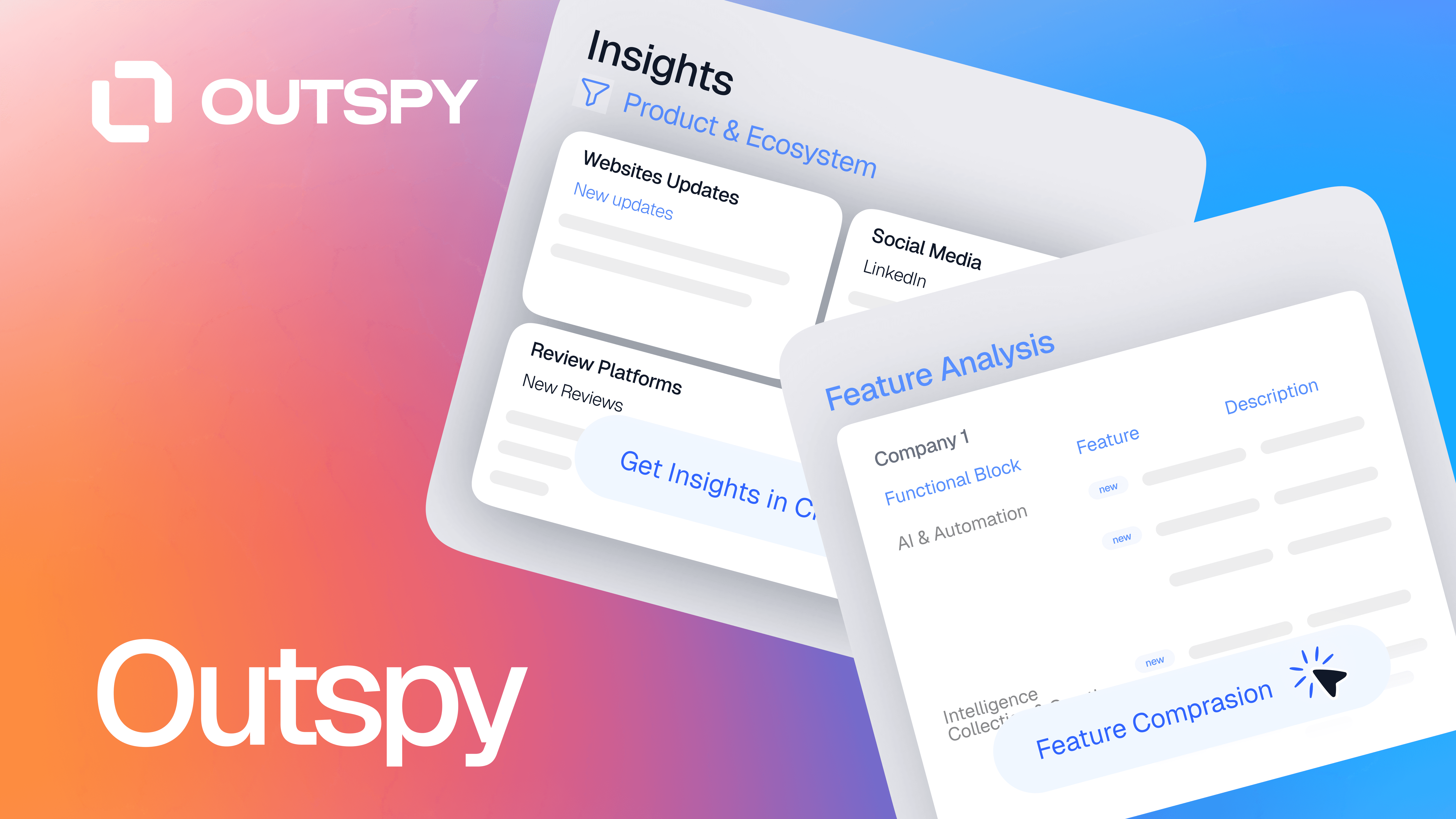 Digital image with the Outspy logo on a gradient background from pink to blue. Two overlayed panels titled 'Insights' and 'Feature Analysis' display website updates, social media links, and AI features. A clean, modern design suggests a tech-focused service.
