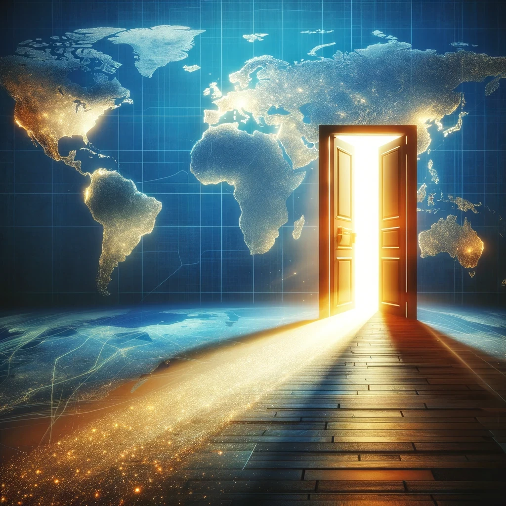 Pathway leading to an illuminated open door against a world map background, symbolizing the journey towards new opportunities through immigration.