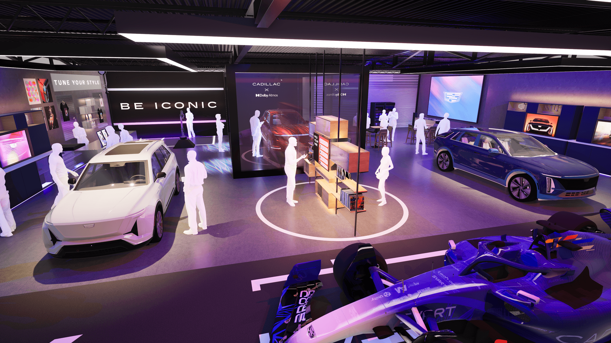 Cadillac Formula 1 experiential installation with race car display, circular lighting and immersive automotive environment