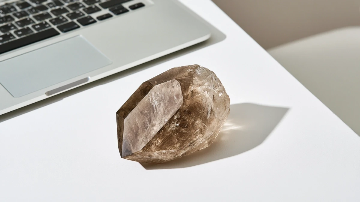 Smoky quartz crystal on office desk near laptop
