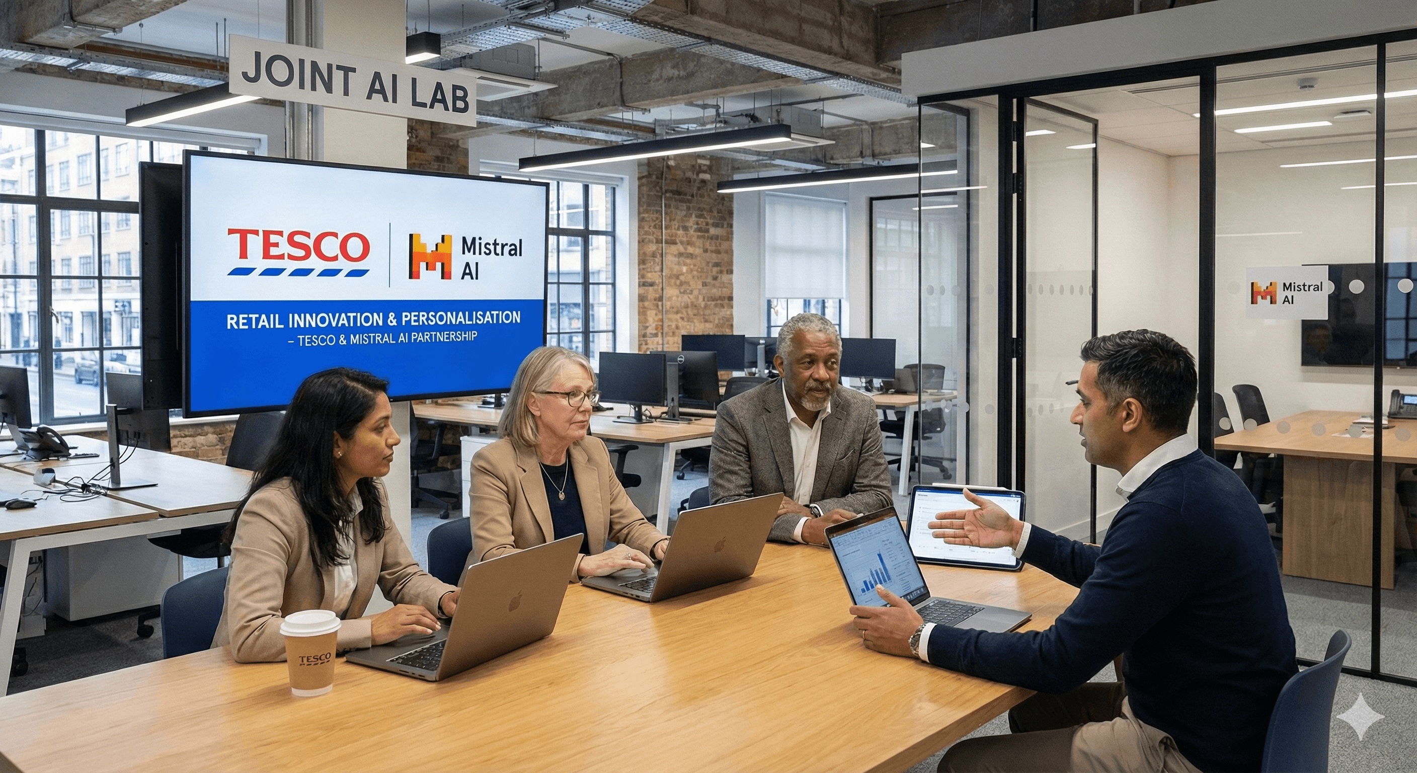 Four individuals are engaged in a collaborative discussion around a conference table in a modern office space, with a large screen displaying "Tesco Mistral AI" in the background.