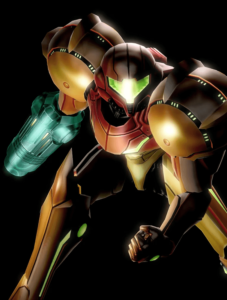 A futuristic armoured character stands in an action pose, wearing a high-tech, metallic suit with glowing green accents and wielding a glowing arm cannon, set against a dark background.