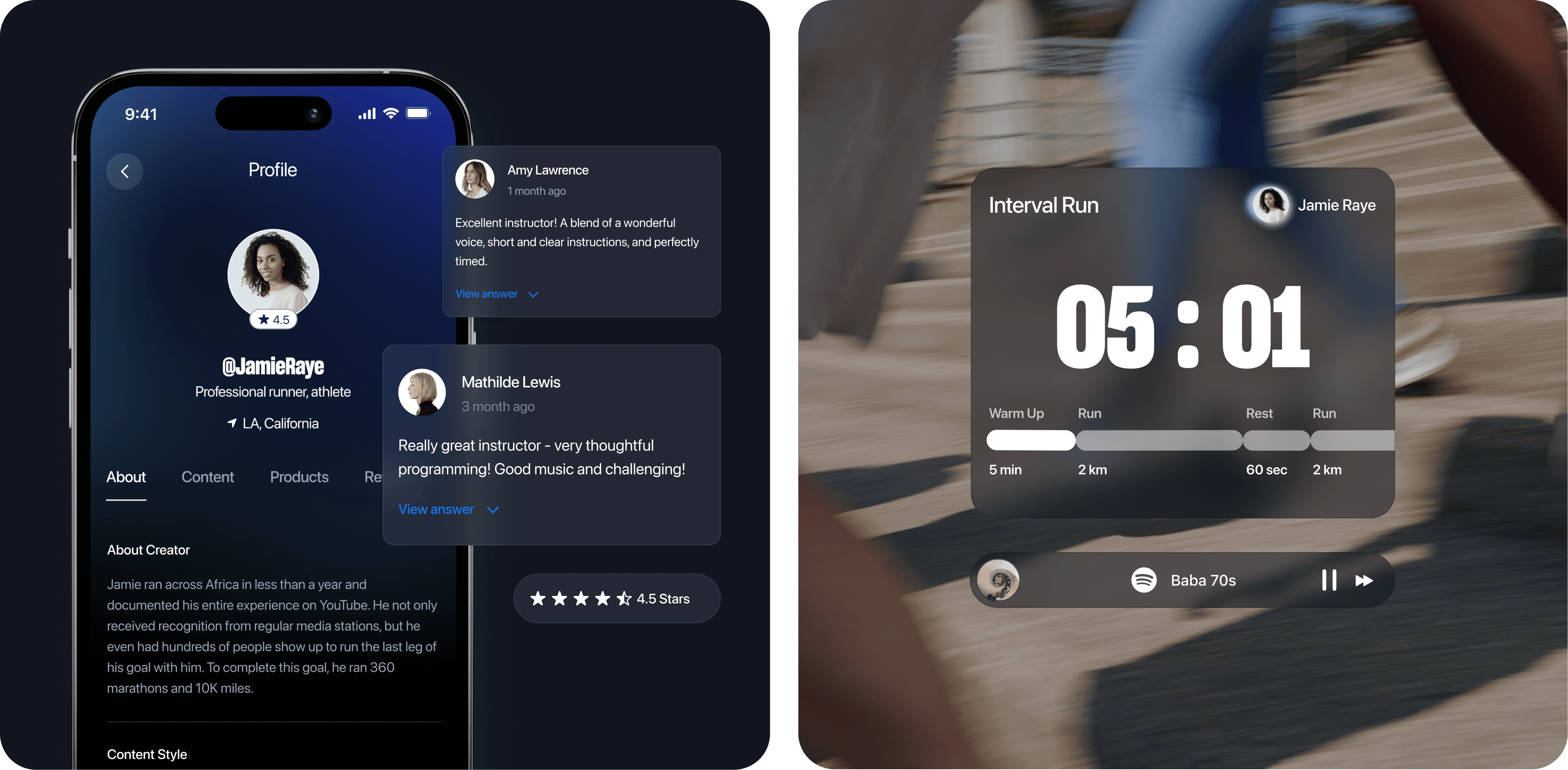 A mobile profile screen of Jamie Raye, a professional runner and athlete based in LA, California, with a 4.5-star rating. Below the profile photo and username is a bio mentioning Jamie’s running achievements across Africa. Two user reviews are overlaid on the right—one by Amy Lawrence praising clear instructions and voice, and another by Mathilde Lewis highlighting thoughtful programming and good music. A 4.5-star average rating is shown at the bottom.