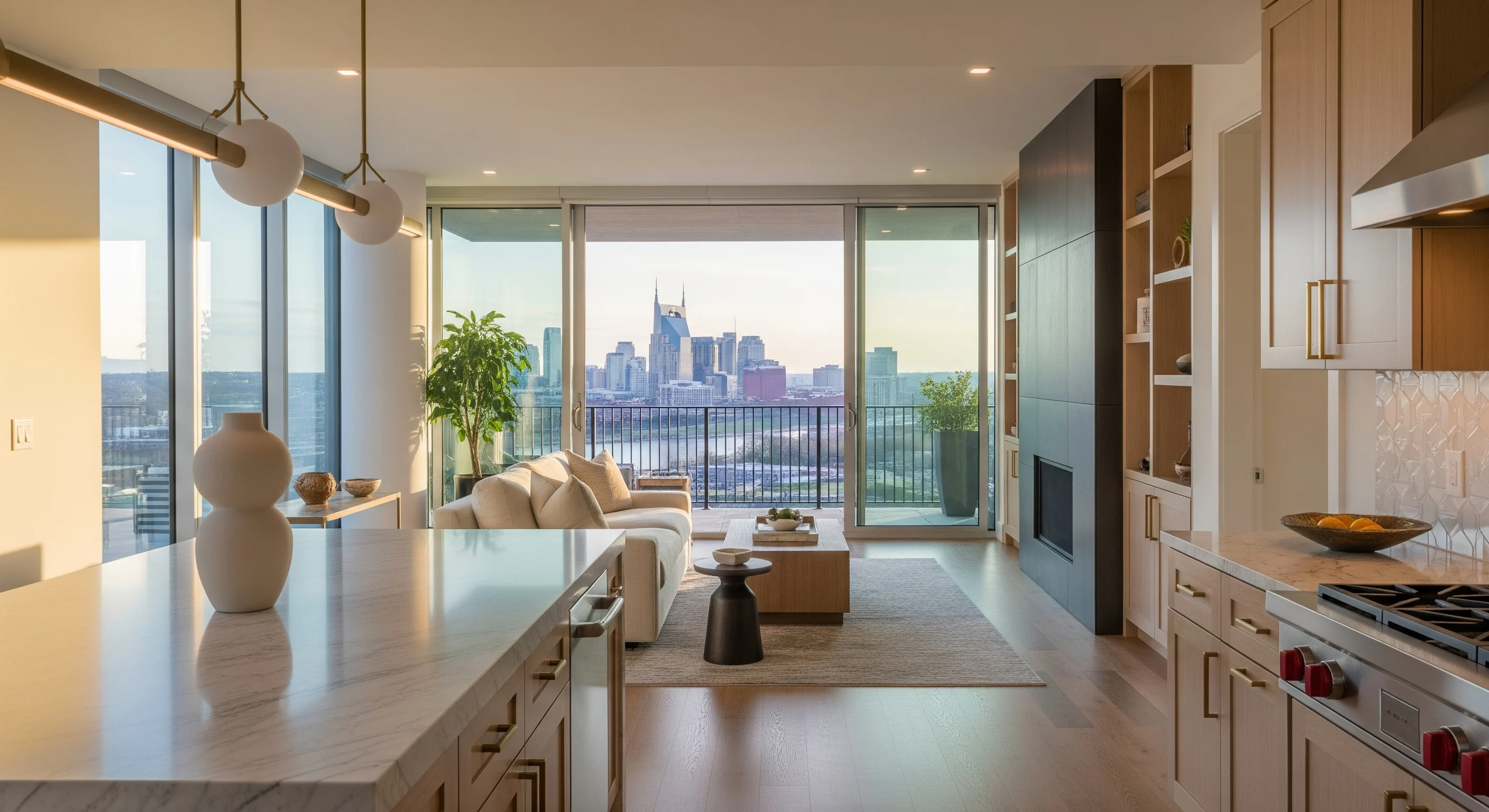 Luxury high-rise condo in Nashville featuring modern architecture, skyline views, floor-to-ceiling windows, and premium finishes—ideal for professional property management and high-end rental living
