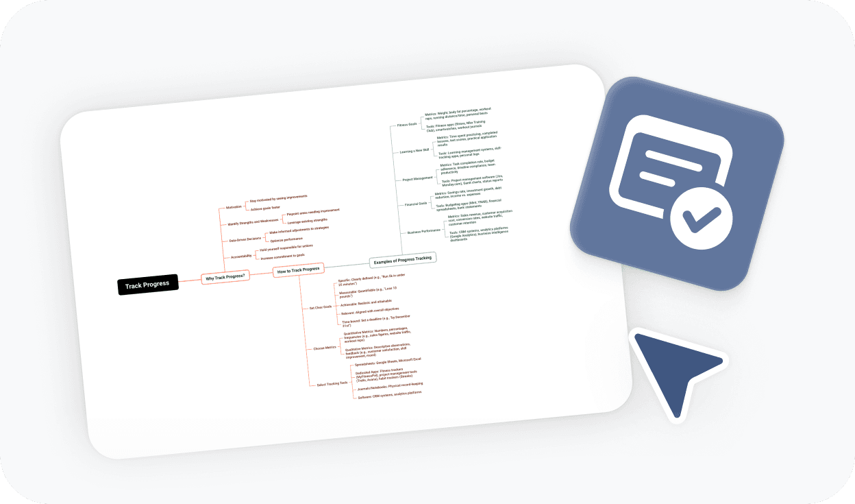 Progress tracking view of a timeline with a navigation arrow and checkmark icon indicating completed milestones
